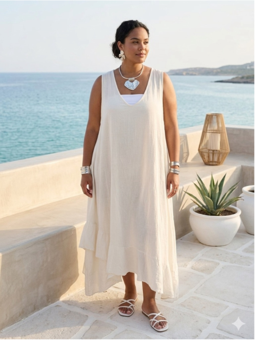 JESSICA LONDON White Linen Blend Ruffle High Low Midi Dress Plus Size Coastal